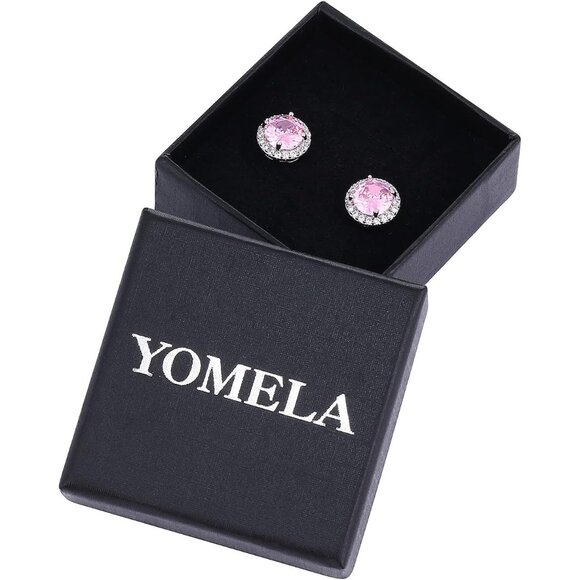 Women's Round Pink Birthstone Elegant Mall Dainty Halo Cubic Zirconia Earring - Picture 6 of 6